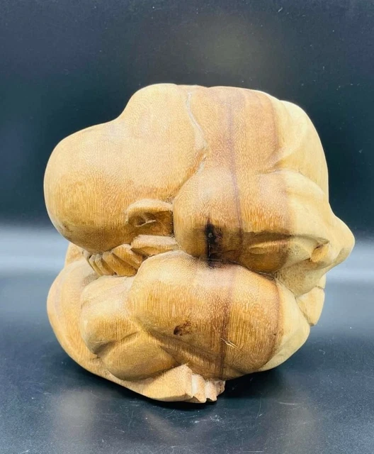 Carved Wood Weeping Buddha Sumo Wrestler Biomorphic Sculpture Worry Ball 3