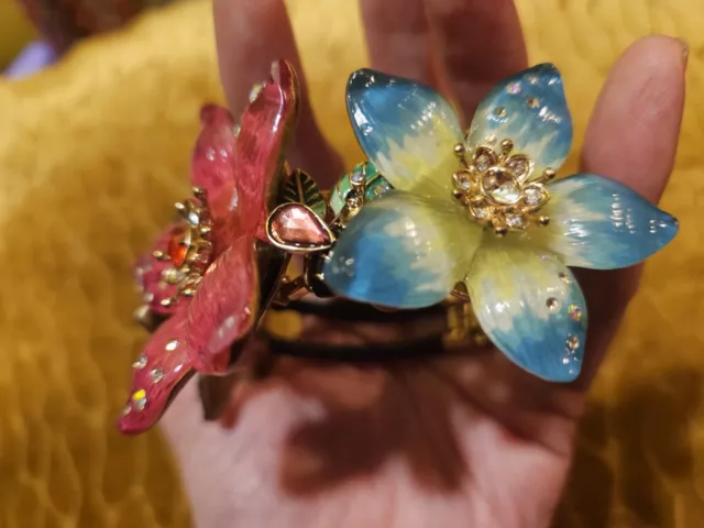 Vintage Betsey Johnson Multi Color Crystal Flowers Cuff Bangle Bracelet
