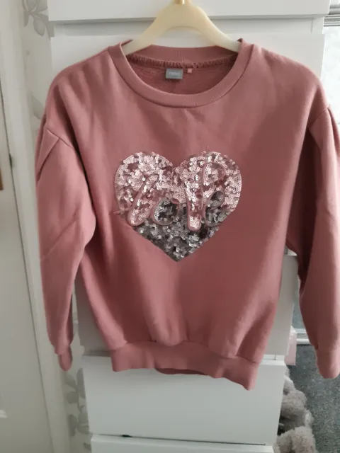 Girls sweatshirt from NEXT age 10, pink with sequin heart & pleat shoulder.