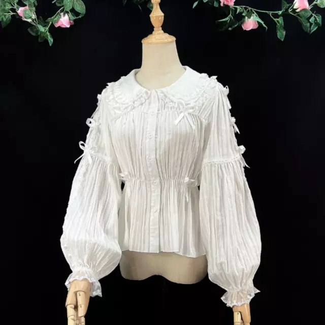Lolita Lady Shirts Girl Blouse Tops Cotton Japanese Retro Lace Bow Ruffles Sweet