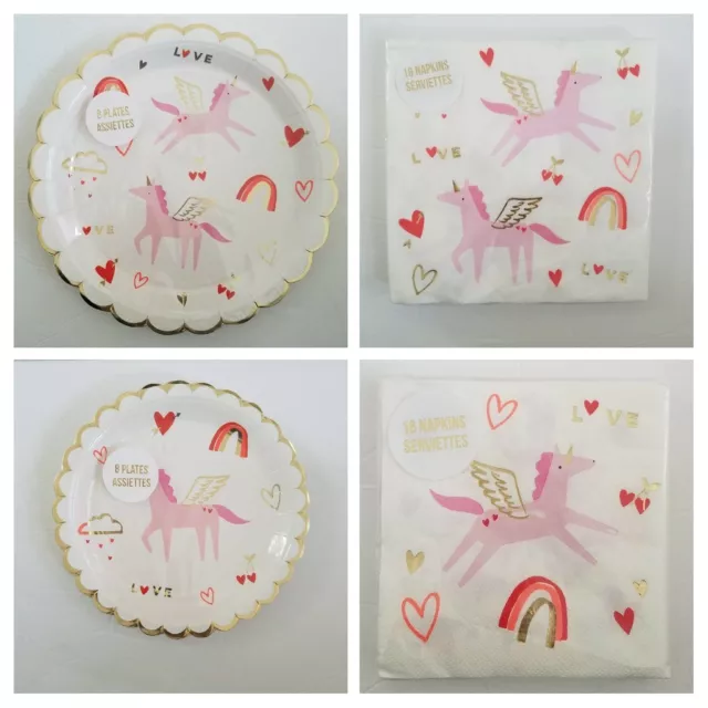 Valentines Meri Meri UNICORN Set of 8 Paper Plates 8 Dessert Dinner Bev Napkins