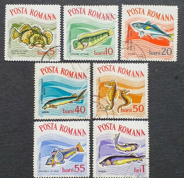 Rumänien 1964 -Fische- MiNr. RO2280-2286 gestempelt mit Falz