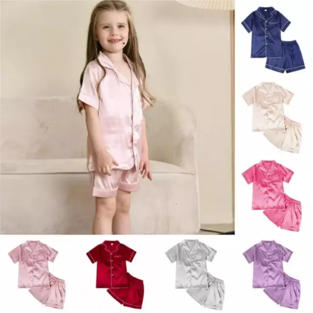 Kid Girls Boys Silk Satin Pajamas Set Short Sleepwear Pyjamas Nightwear Outfits