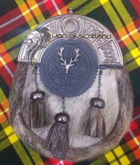 Abito Scozzese In Pelle Nera Kilt Sporran Antico Cantello Testa Cervo Cintura