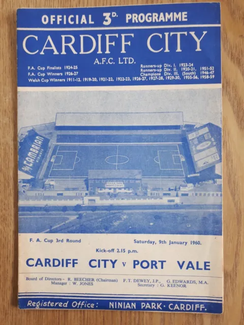 Cardiff City v Port Vale - FA Cup 3rd Round Match Day Programme 9th Jan 1960