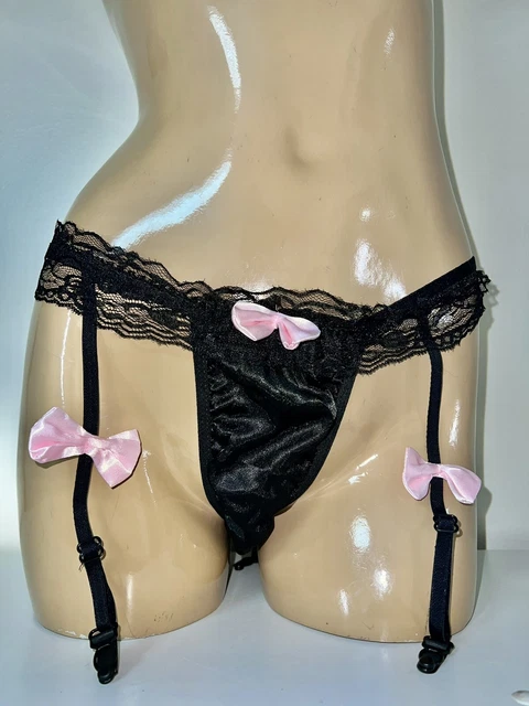 Vintage Ruffles Thong Garter Belt Second Skin Satin Pink Bows Sissy Oily Panties