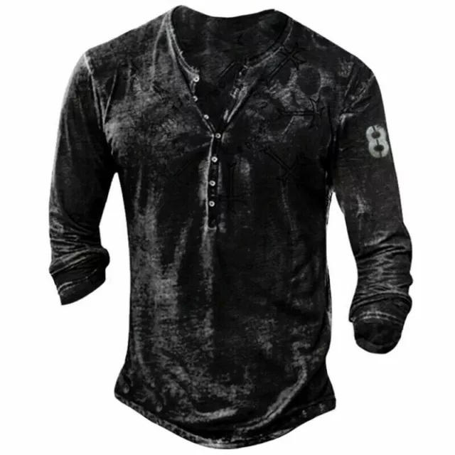 New Men Retro Print V Neck Tops Long Sleeve Casual Button Slim Fit T-shirt Blous