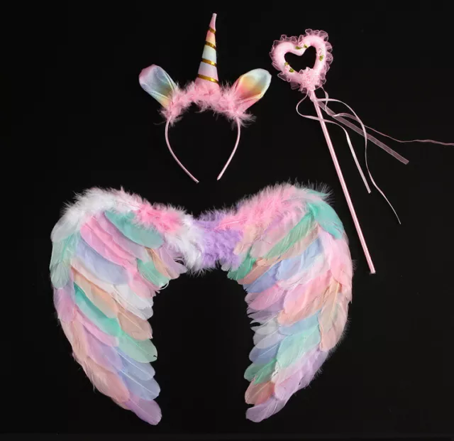 Unicorn Angel Feather Wings w/Horns Wand Costume Prop Adult Kids Halloween