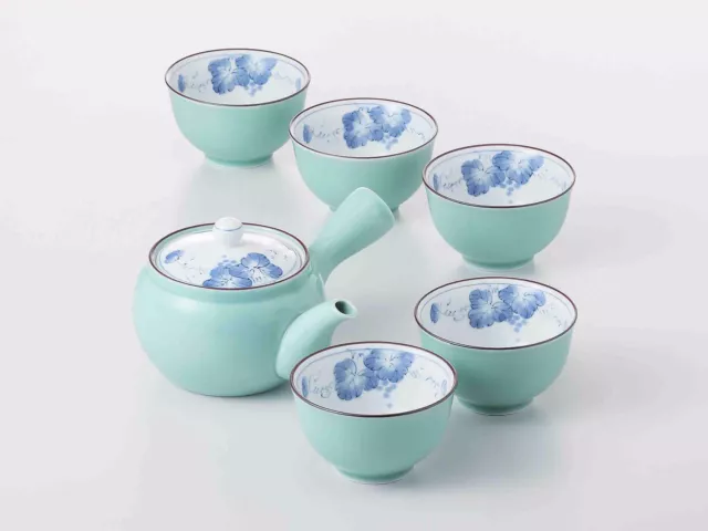 [SUPER SALE] Arita-yaki Porcelain: Grape B - Kyusu Tea pot & 5 tea cup Set w Box