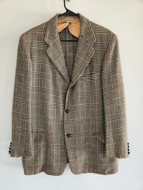 VINTAGE BLACK & TAN PLAID HUNT WINTERBOTHAM TWEED SPORT COAT 44R leather buttons