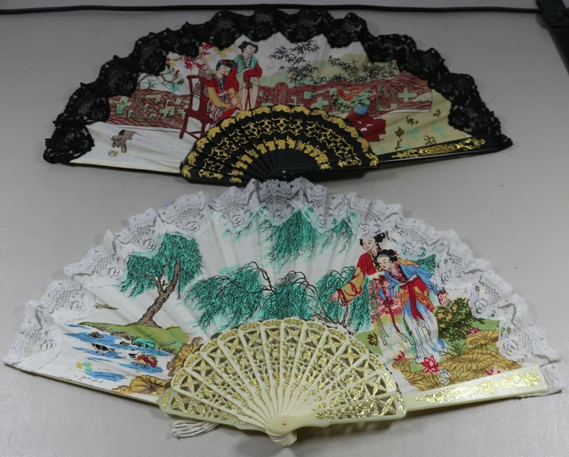 Vtg Oriental / Asian Fabric / Folding Fans Decorative Lot of 2