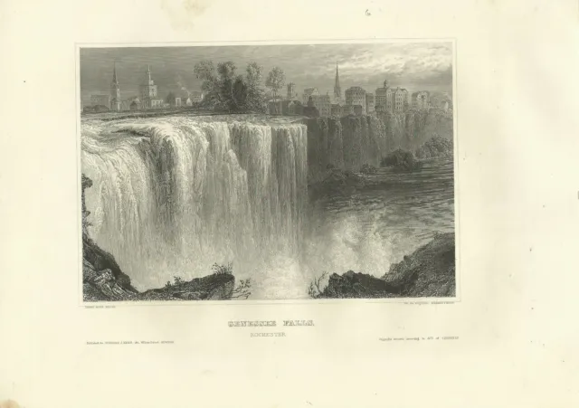 Genessee Falls Rochester USA um 1850 - Alter Stich Antique Steel Engraving Print