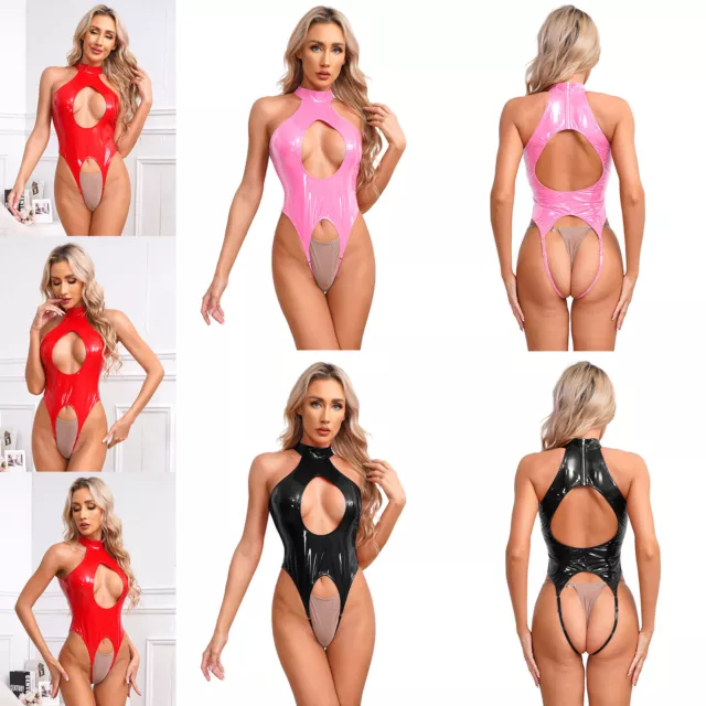 Tuta da donna catsuit body PVC look bagnato pigiama collo a tartaruga sexy 3