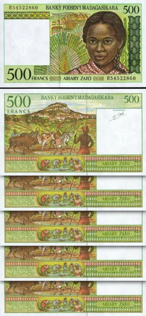 Madagascar 500 Francs - Ariary, 1994, UNC, 5 Pcs LOT, Consecutive, P-75