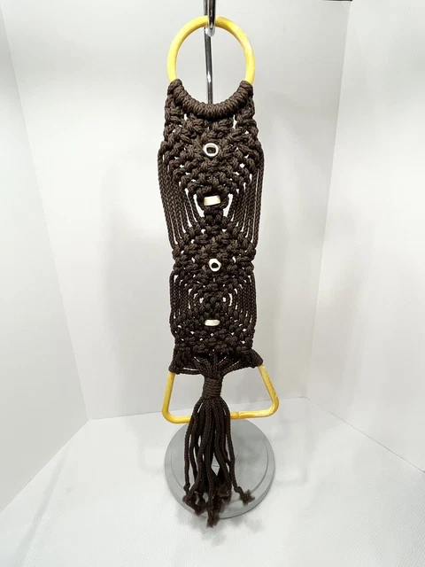 VTG MCM Ceramic Macrame Wall Towel Hanger Brown & Yellow Orange Butterfly Flower 2