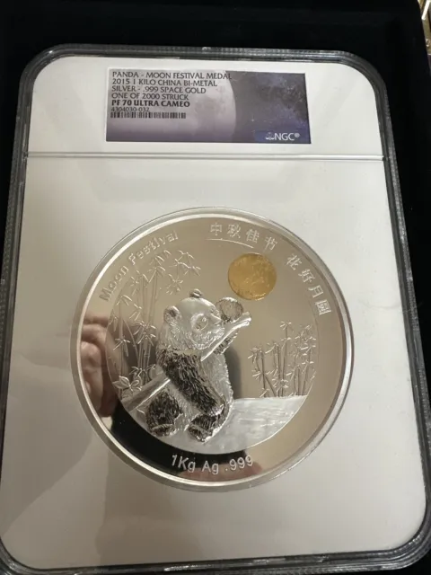 2015 China Panda Moon Festival Medal 1 Kilo Silver 1/10 Space Gold Pf69 Ngc  #51