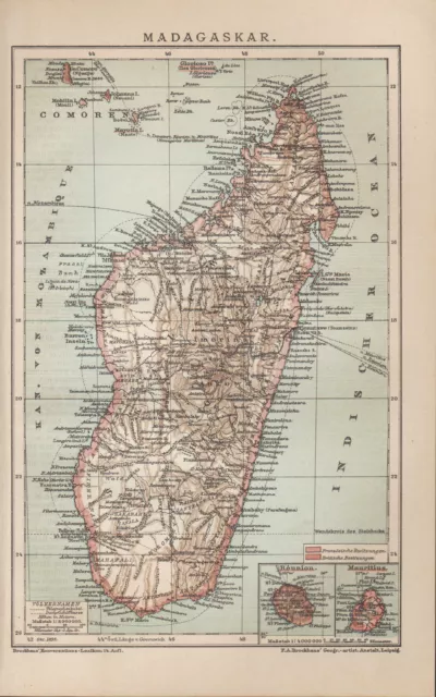 Landkarte map 1898 MADAGASKAR. Afrika Réunion Mauritius Comoren Africa Mosambik