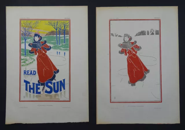 RHEAD 1897 Affiche Etrangère 2 lithographies The Sun Art Nouveau patin à glace