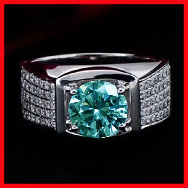 2.75 Ct Blue Round Moissanite Diamond Engagement Men's Ring 925 Silver Size 9