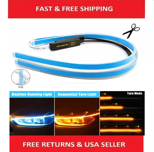 2 x 60CM Slim Amber Sequential Flexible LED DRL Turn Signal Strip for Headlight