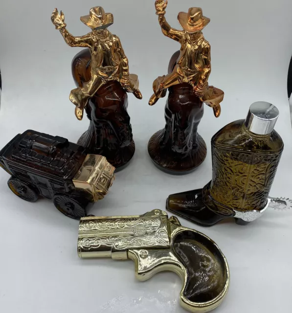 Vtg 5 Lot Avon Western Theme Boot Bottle Stagecoach Revolver Cowboy Riding Horse