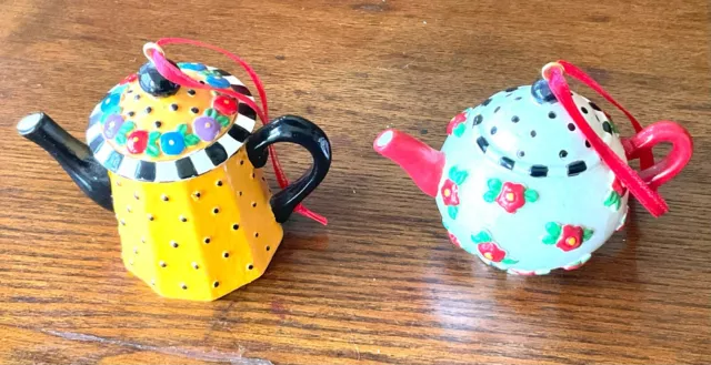 Vintage Mary Engelbreit Miniature Teapot Ornaments - Lot Of 2