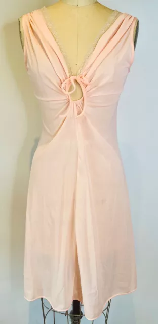 Vtg 70'S Disco Goddess Peach Nylon&Lace Key Hole Nightgown Negligee Slip*Xs/S