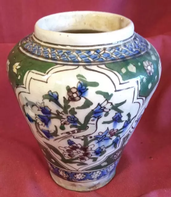 Vintage Art Pottery Hand Painted Middle Eastern Bird Vase Urn Faience Majolica