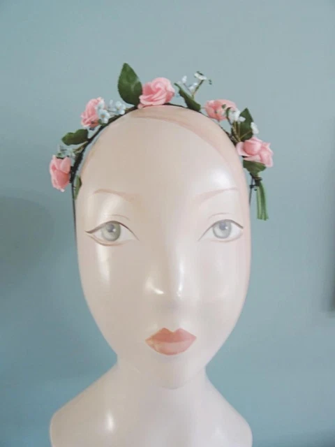 Copricapo damigella d'onore vintage anni '60 ragazze rosa pallido fiori di seta corona x 2