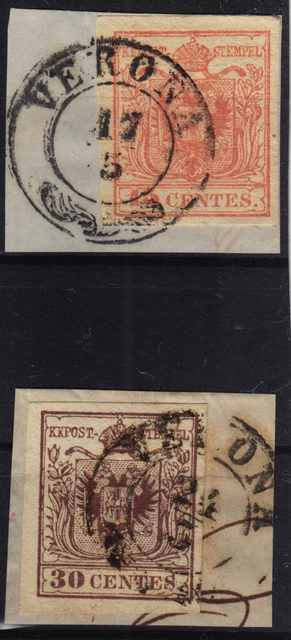 LOMBARDEI-VENETIEN 1850 2Briefstücke:-15C, und -30C, VERONA.