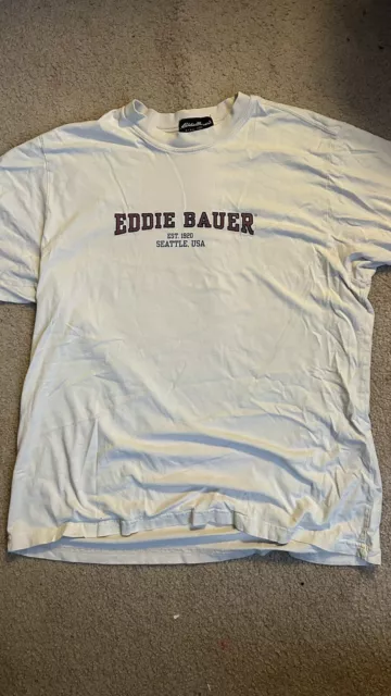 Vintage 90s Eddie Bauer T Shirt Mens Large Off White Spell Out Made in USA