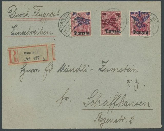 FREIE STADT DANZIG 1921, Flugpost auf Luftpost-Einschreibbrief in die Schweiz,