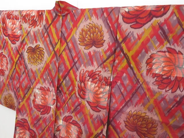 1118T07z420 Vintage Japanese Kimono Silk MEISEN HAORI Dark red Chrysanthemum 2