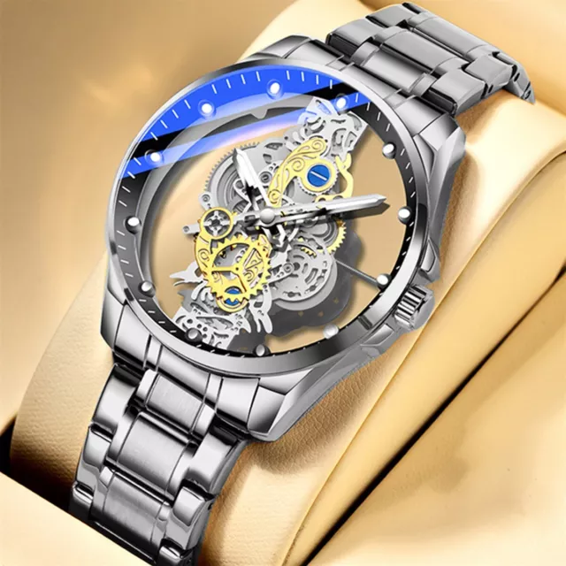 Luxury Stainless Steel Skeleton Quartz Automatic Mechanical Watch 2Sided Glasses