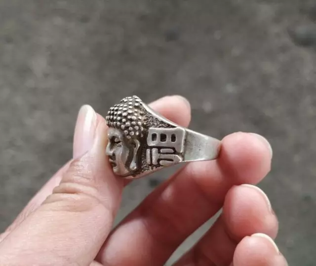 Antique Collection Tibetan Silver Cupronickel Shakyamuni Buddha Head Finger Ring 2