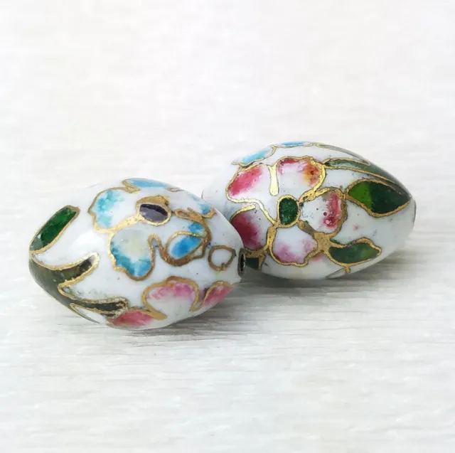 Vintage White Pink Blue Flowers Cloisonne Chinese Enamel Oval 23x15mm  2 beads