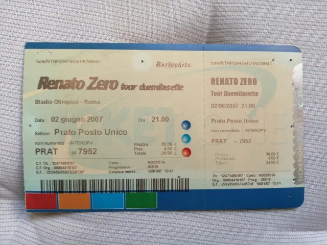 Biglietto Concerto RENATO ZERO Tour Duemilasette 2007 ROMA Ticket