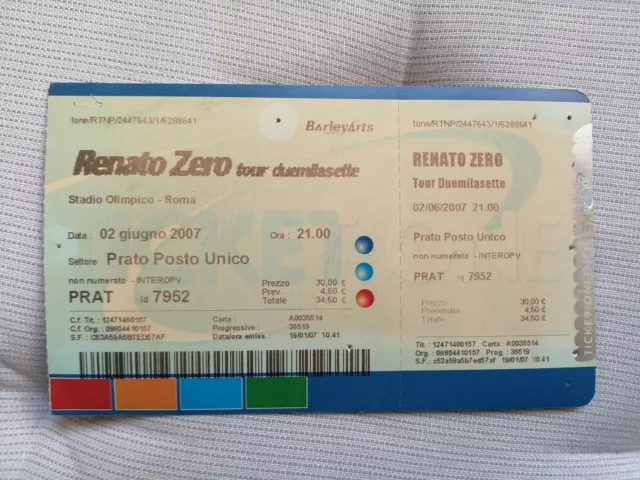Biglietto Concerto RENATO ZERO Tour Duemilasette 2007 ROMA Ticket
