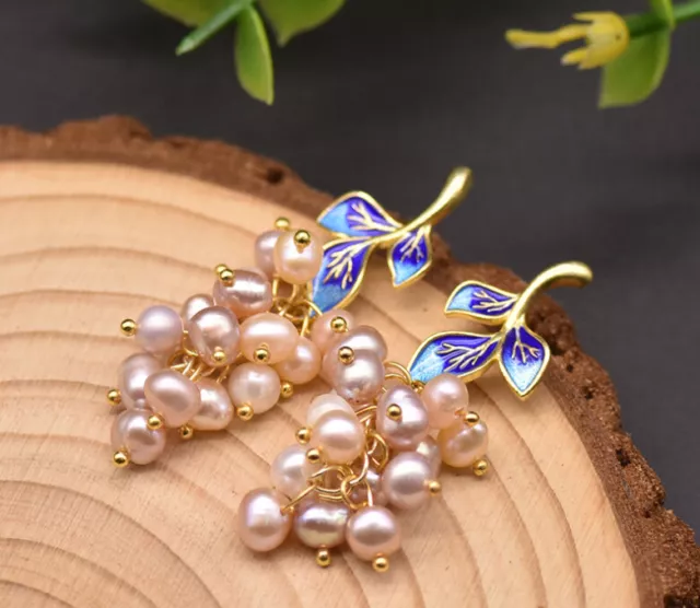 B15 Ohrringe vergoldet Süßwasser Perlen rosa lila und Cloisonne Blätter