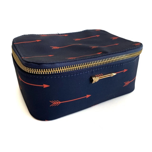 Stella and Dot Travel Jewelry Box Case Navy Blue w Orange Red Arrows Gold Zipper