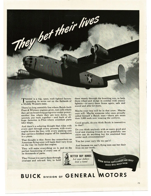 1943 Buick Pratt Whitney Engines for US B-24 Liberator Bomber WWII Print Ad 1