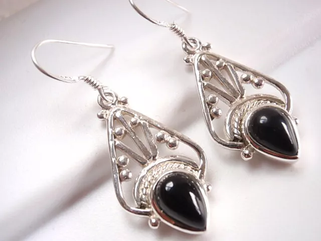 Black Onyx Tribal Accents Style 925 Sterling Silver Earrings Dangle Drop New