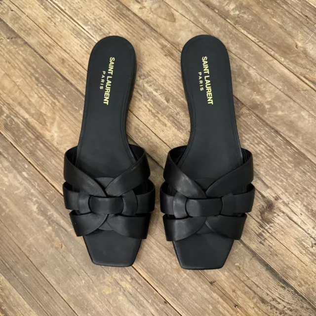 Saint Laurent YSL Black Tribute Mules Flat Sandals Black Leather Size 39