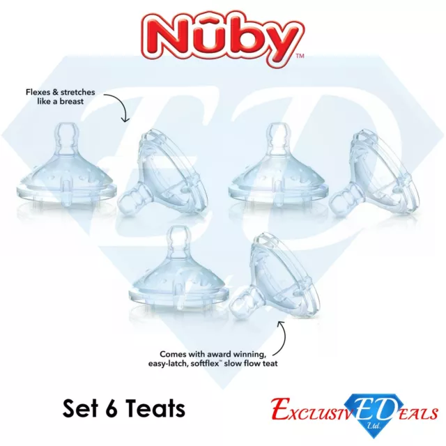 Set of 6 Nuby Natural Touch Soft-Flex Baby Bottle Teats Extra Slow Flow 0M