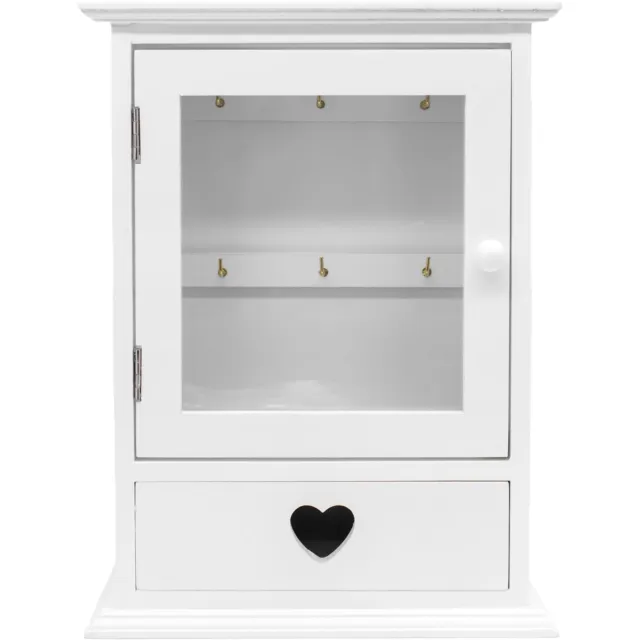 Wall Mounted White Open Glass 6 Key Box Cabinet Keyhole Holder with Open Drawer