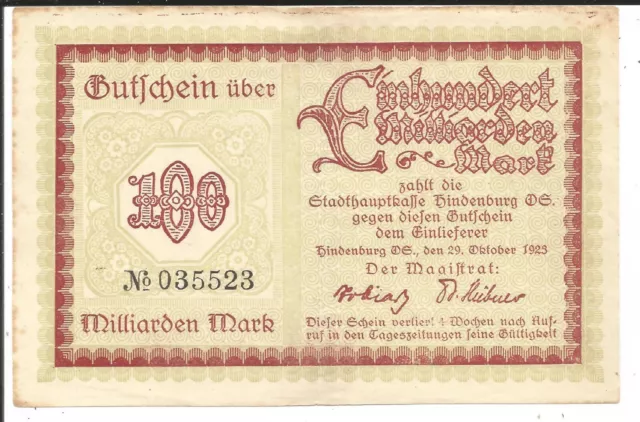 Stadt Hindenburg/Oberschl.,100 Milliarden Mark 1923