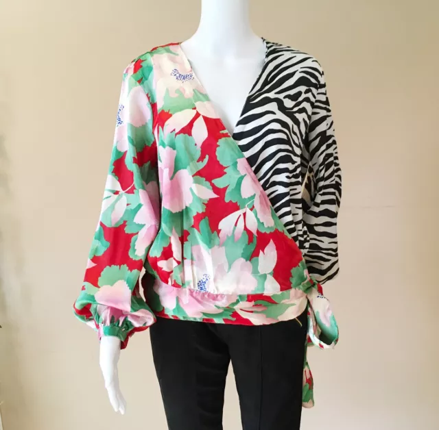 NWT Asos Womens Wrap Top Blouse Floral Zebra Long Sleeve V Neck Multi Size 6