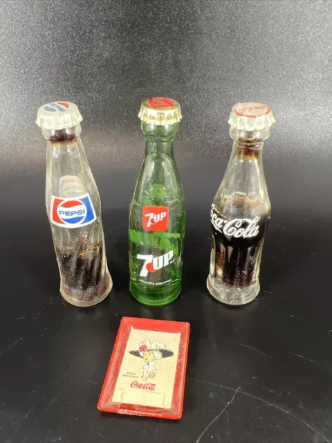 Miniature 3" Soda Bottles-Coca Cola, Pepsi & 7-UP, and Miniature Coca Cola Tray