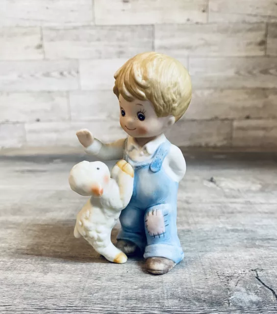 Vintage Homco Home Interior Porcelain  Farmer Country Boy With Baby Lamb Figure