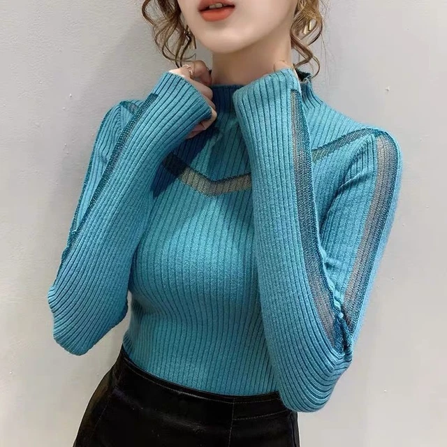 Pull Femme Fin à Côtes - Manches Longues, Col Montant, Matière Thermique, Multicolore, Taille Regular, Neuf Avec étiquette